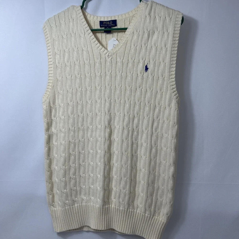 Polo Ralph Lauren Boys XL 18-20 Cream Cotton Cable Knit V-Neck Sweater Vest Kids